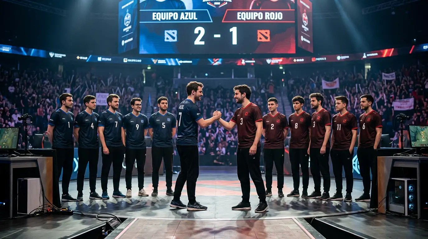 Jugadores profesionales de Dota 2 saludándose tras una partida oficial en el escenario de un torneo